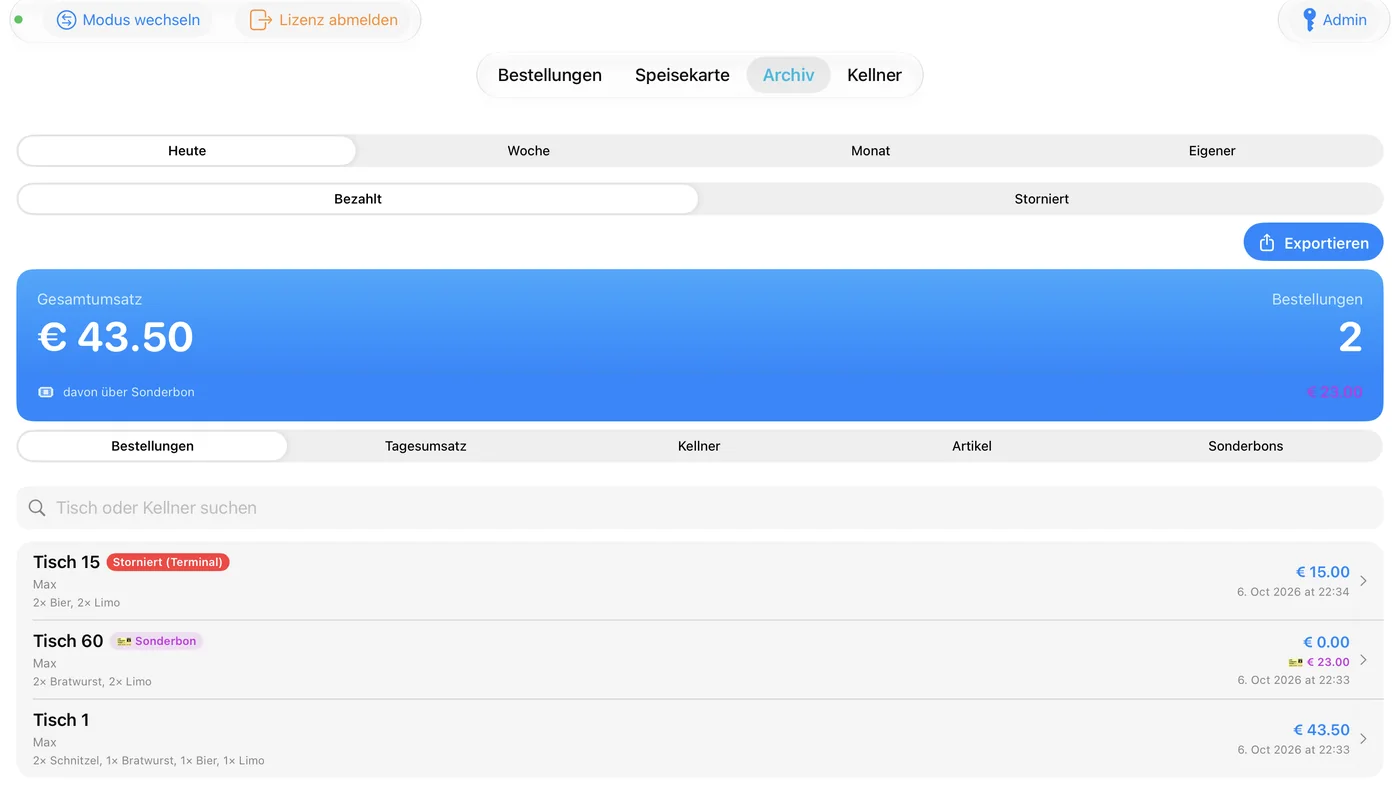 Archiv mit Umsatz und Bestellliste