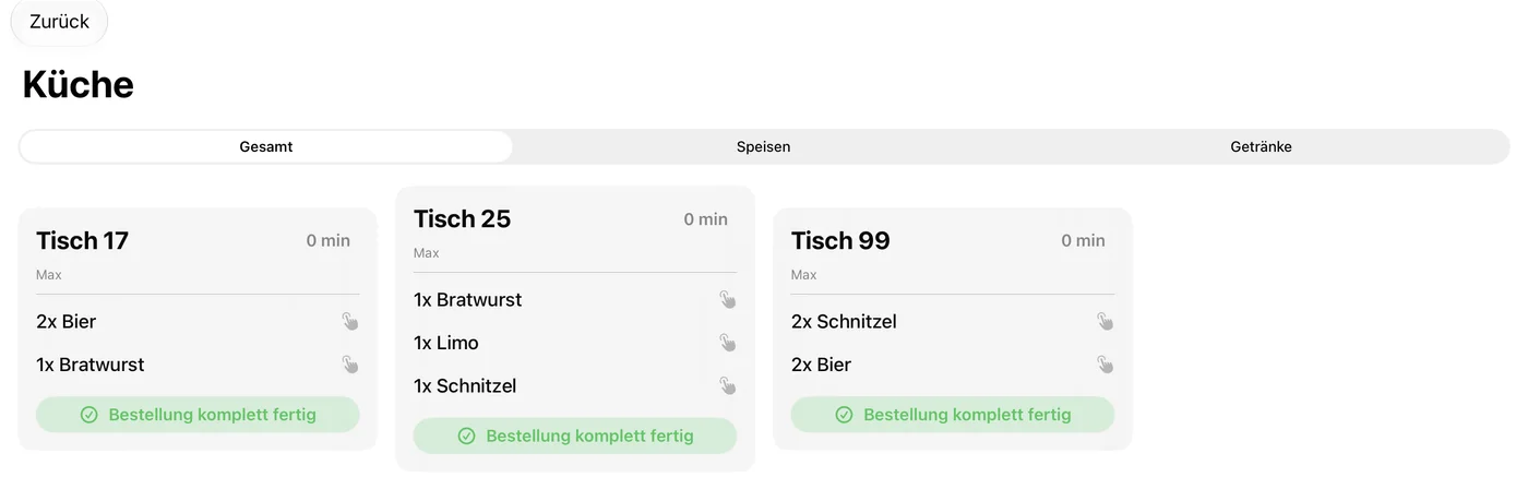 Küchenanzeige: offene Bestellungen nach Tisch
