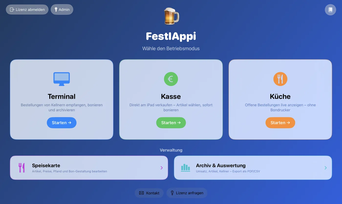 Moduswahl der App: Terminal, Kasse, Küche sowie Speisekarte und Archiv
