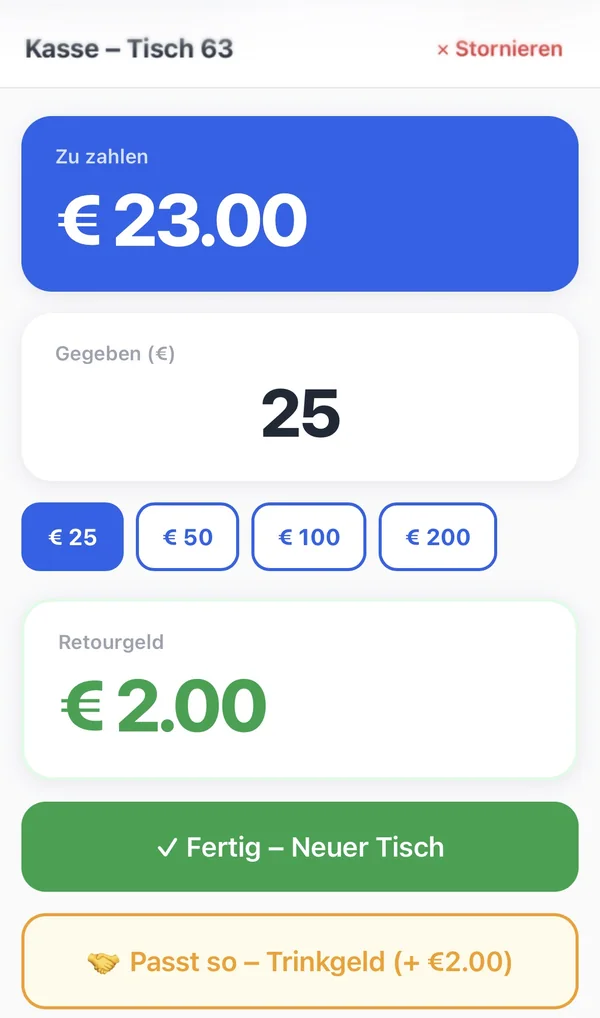Bezahlen am Handy: Gegebenen Betrag eingeben, Trinkgeld verbuchen